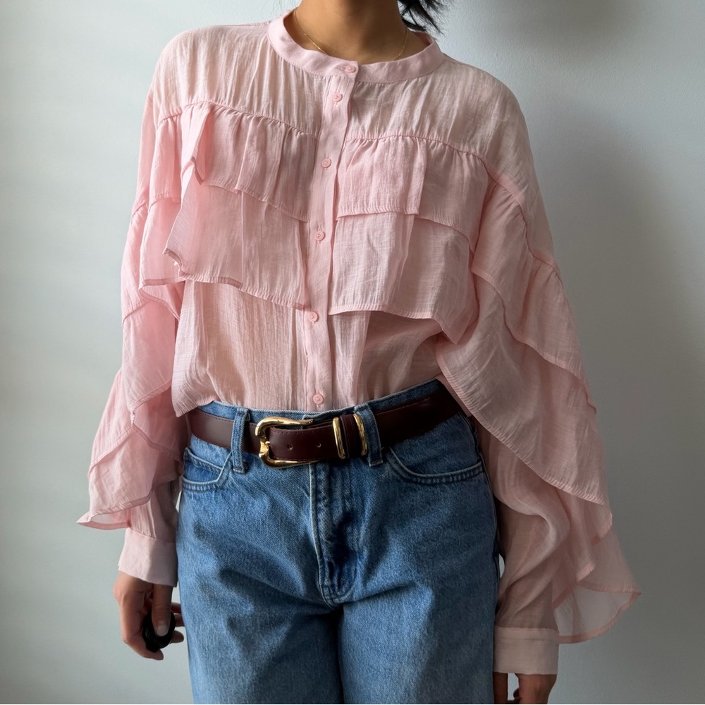Zara Blush Pink Cropped Long Sleeve Ruffle Blouse - Small